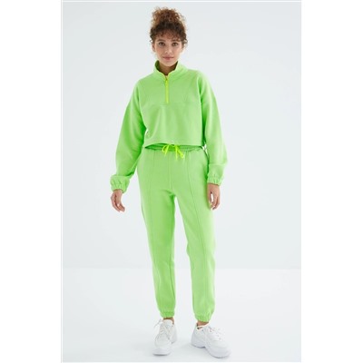 TOMMYLIFE Фисташково-зеленый женский спортивный костюм с заниженными плечами, шнурком на талии, молнией до половины длины, большой женский спортивный костюм — 95321