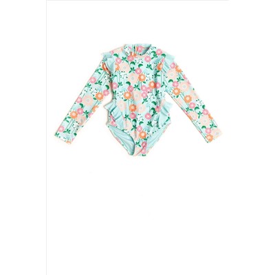 Nicole Miller Green Floral Long Sleeves Rash Guard