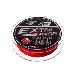 Шнур Helios Extrasense X3 PE, диаметр 0.2 мм, тест 8.2 кг, 92 м, красный