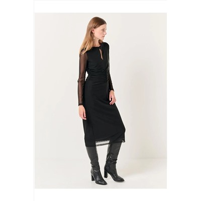 Черное элегантное сетчатое платье миди с круглым вырезом и длинными рукавами