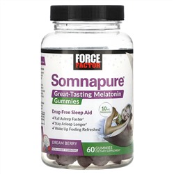Force Factor, Somnapure, вкусные жевательные таблетки с мелатонином, 10 мг, ягодный вкус, 60 жевательных таблеток (5 мг в одной жевательной таблетке)