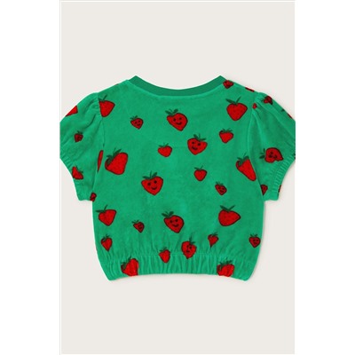 Monsoon Green Velour Strawberry Print Short Sleeve Top