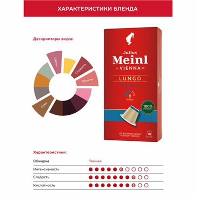 Кофе в капсулах JULIUS MEINL "Lungo Classico" для кофемашин Nespresso, 10 порций, ИТАЛИЯ, 94031