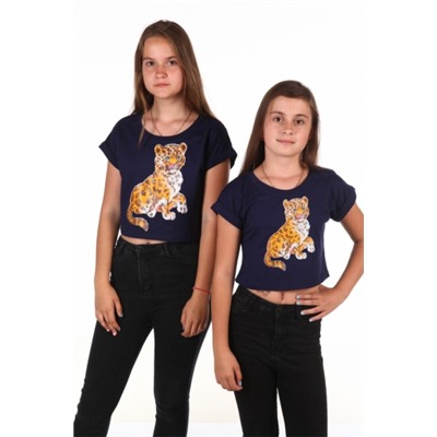 Короткая футболка Леопард (Темно-синий) подростковая