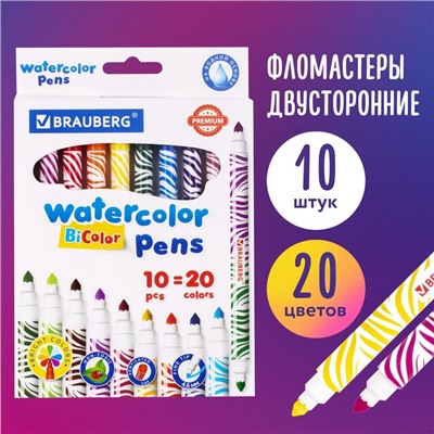 Фломастеры двусторонние 20 цветов BRAUBERG PREMIUM BI-COLOR, 10 штук, утолщенные, вентилируемый колпачок