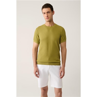 Масляно-зеленая трикотажная футболка с круглым вырезом, текстурированный хлопок, стандартный крой