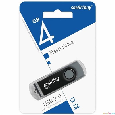 Флешка Smartbuy 004GB2TWK, 4 Гб, USB2.0, чт до 25 Мб/с, зап до 15 Мб/с, черная