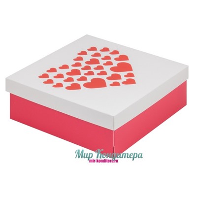 Коробка для зефира, тортов и пирожных Бело-красная с сердечками 200*200*70 мм