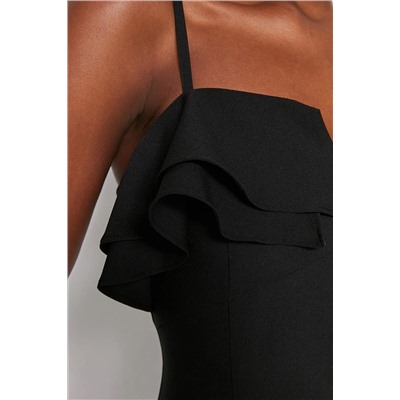 Черное платье-миди прямого кроя с тканым воротником TWOSS23EL00141