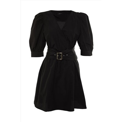 Черное тканое платье с двубортным воротником и поясом TBBSS22EL1669