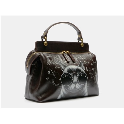 Коричневая кожаная сумка с росписью из натуральной кожи «W0042 Brown Кот в очках»