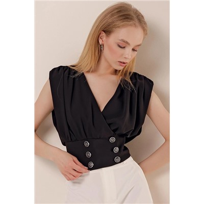Z Giyim Женская черная блузка с v-образным вырезом, тремя пуговицами и нулевым рукавом