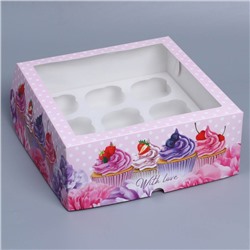 Коробка для капкейков, кондитерская упаковка с окном, 9 ячеек «Капкейки», 25 х 25 х 10 см