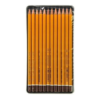 Набор карандашей чернографитных разной твердости 12 штук Koh-i-Noor 1502/II, 8B-2H, в металлическом пенале