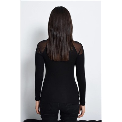 Женская блузка из тюля черного цвета с плечами TZ2075