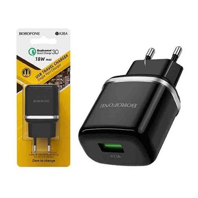 Сетевой адаптер питания BOROFONE BA36A 1USB QC 3.0 (черный)