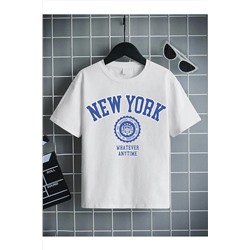 Удобная белая детская футболка унисекс с хлопковым принтом KİDS-BLUE-NEW-YORK