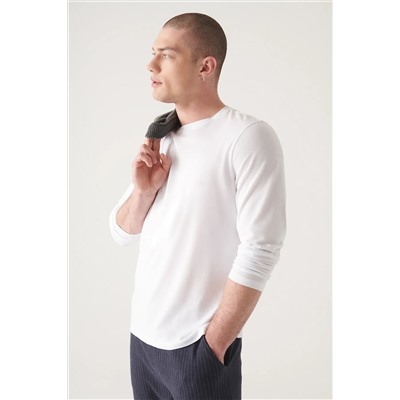 Мужская белая ультрамягкая хлопковая футболка узкого кроя с длинным рукавом и круглым вырезом E001076