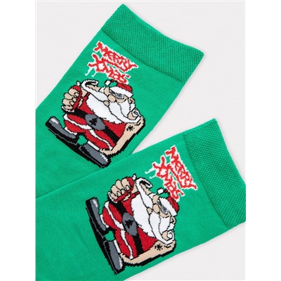 Носки мужские зеленые с рисунком в виде санты и надписи "Merry Xmas" 4 пары в наличии