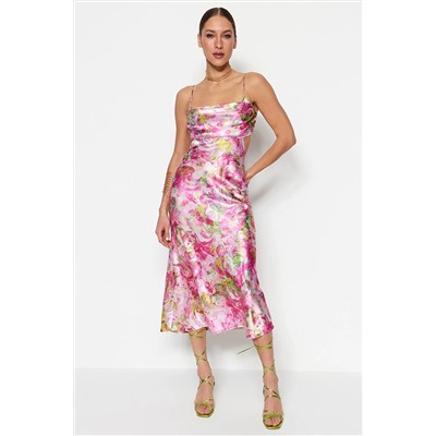 Элегантное вечернее платье из разноцветного атласа с цветочным узором TPRSS23EL00305