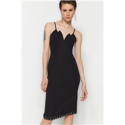 Черное тканое стильное вечернее платье с блестящим камнем TPRSS23EL00515
