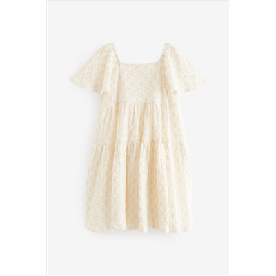 Ecru White Jersey Textured Angel Sleeve Dress (3-16yrs)