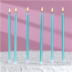 Свечи в торт "Ройс", 6 шт, высокие, 12,5 см, небесно-голубой металлик