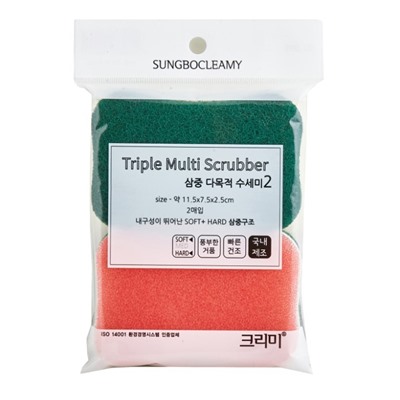 Sungbo Cleamy Многослойная губка для мытья посуды "Triple Filter Scrubber Soft & Hard" с абразивным и полиуретановым покрытием (средней жёсткости) (11,5 х 7,5 х 2,5 см) х 2 шт. / 200