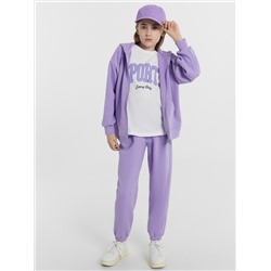 Комплект для девочек (толстовка, брюки, футболка) фиолетовый с печатью
