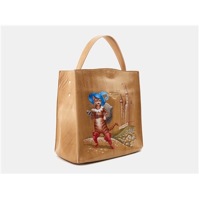 Бежевая кожаная сумка с росписью из натуральной кожи «W0027 Beige Кот в сапогах»