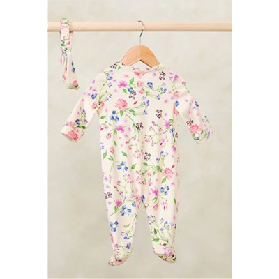 Love & Roses Velour Sleepsuit With Matching Headband (0-2yrs)