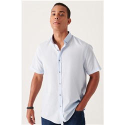 Синяя рубашка с воротником на пуговицах, 100% хлопок, тонкий, с короткими рукавами, стандартная посадка