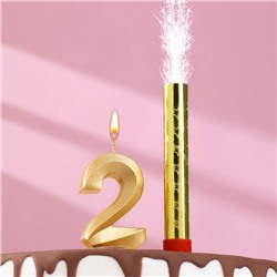 Свеча для торта цифра "Грань + фонтан" золотая "2"