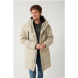 Бежевое длинное пальто с капюшоном на гусином пуху, водоотталкивающее покрытие, комфортная посадка