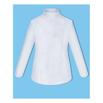 Школьная форма для девочки с белой водолазкой (блузкой) с кружевом и синей юбкой с бантом и оборками
