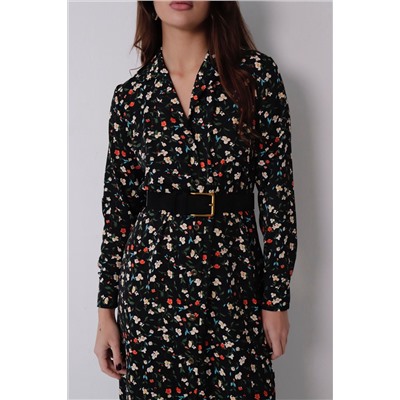 11094 Платье-рубашка с английским воротником чёрное в цветок