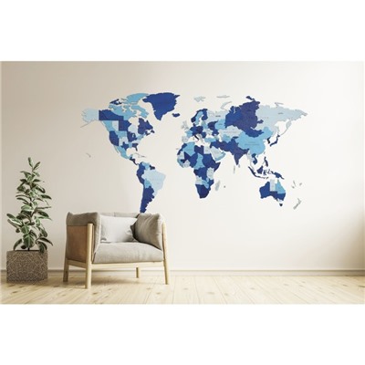 Карта мира деревянная Eco Wood Art Wooden World Map Blue Fantasy, объёмная, трёхуровневая, размер S, 100x55 см, цвет синий