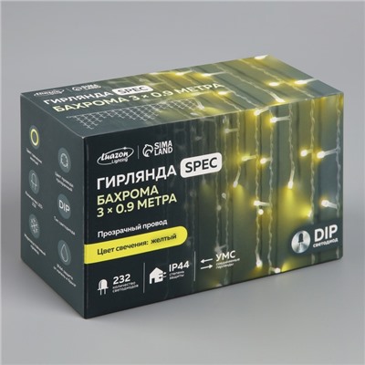 Гирлянда «Бахрома» 3 × 0.9 м, IP44, УМС, прозрачная нить, 232 LED, свечение жёлтое, 220 В