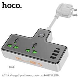 Переходник HOCO AC11A на 2 розетки + 3 USB + Type-C 3.1A (черный)