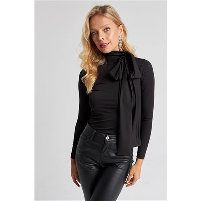 Женская черная блузка с бантом EY2670