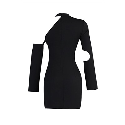 Черное мини-тканое платье ограниченной серии на одно плечо с открытым вырезом и деталями окна TWOAW23EL01489