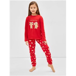 Хлопковый комплект для девочек (красный лонгслив и красные брюки) с принтом в виде печенек