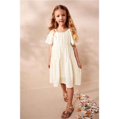 Ecru White Jersey Textured Angel Sleeve Dress (3-16yrs)