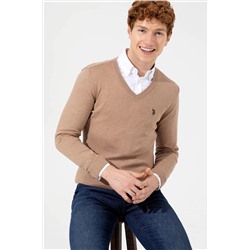 Мужской базовый трикотажный свитер светло-коричневого цвета с v-образным вырезом и меланжевым принтом Неожиданная скидка в корзине
