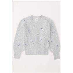 Abercrombie & Fitch Grey Textured Floral Embroidered Cropped Knitted Jumper