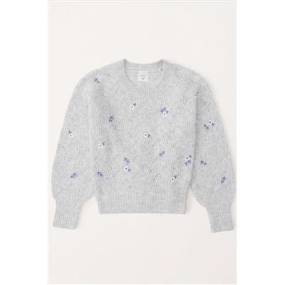 Abercrombie & Fitch Grey Textured Floral Embroidered Cropped Knitted Jumper