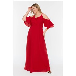 Красное тканое двубортное шифоновое вечернее платье с вырезом TBBSS22AH0178