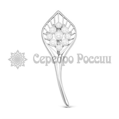 Брошь из серебра с жемчугом Swarovski и фианитами родированная б030р-804