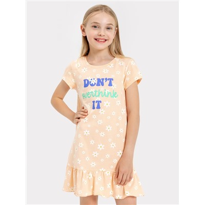 Сорочка ночная для девочек бежевая с текстом и рисунком в виде ромашек