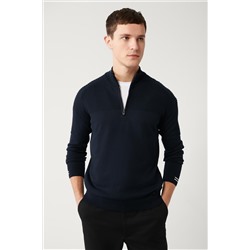 Темно-синий вязаный свитер с высоким воротником, текстурированной молнией, стандартной посадки